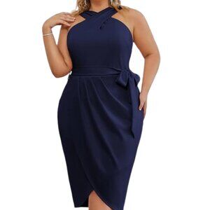 NEW Hanna Nikole Women Plus Size Wrap Front Party Dress, Navy Blue 18Plus
